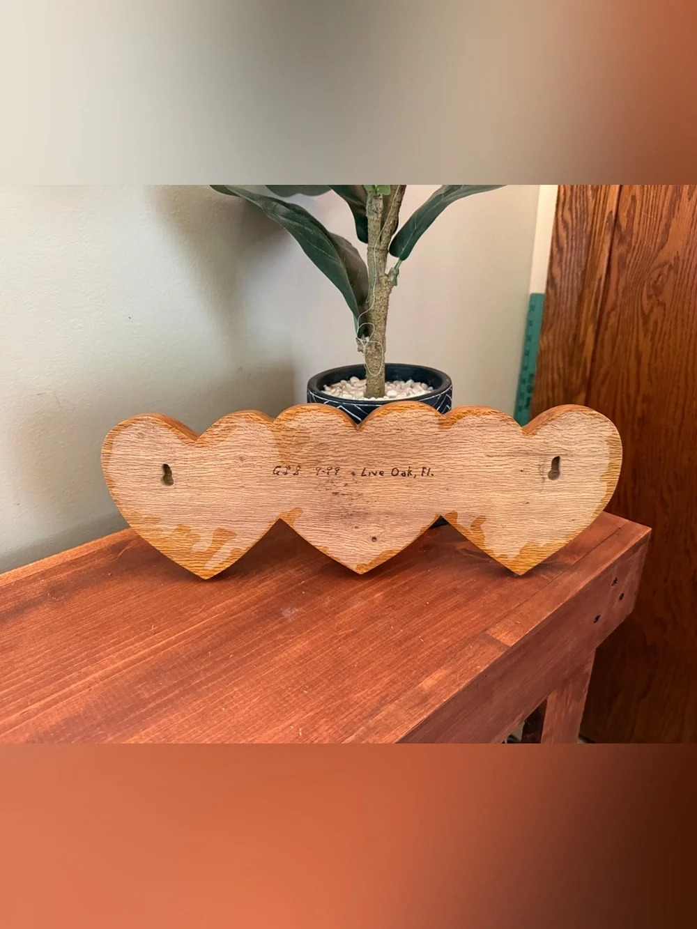 Vintage Handmade Triple Heart Wooden Peg Rack Folk Art Live Oak FL
